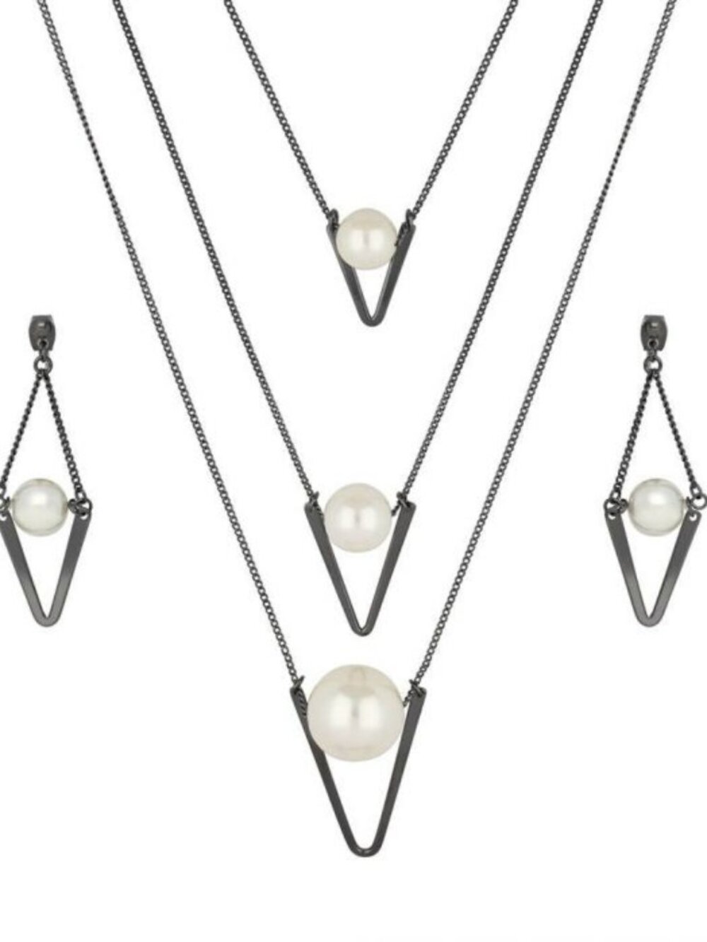 ✨ Black-Tone Simulated Pearl V-Shaped Necklace & Earrings Set ✨